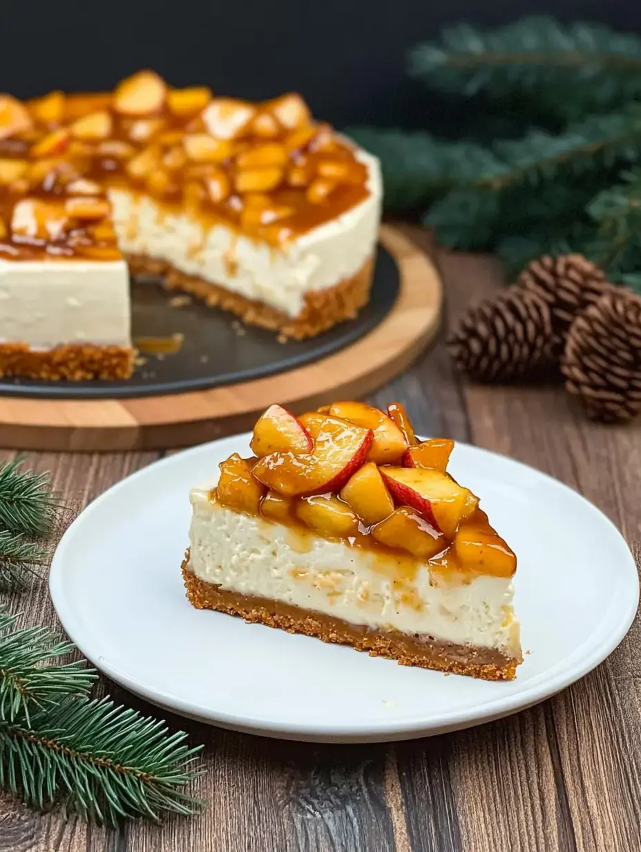 Une part de cheesecake garni de pommes sur une assiette blanche devant une demi-tarte et une table rustique en bois.