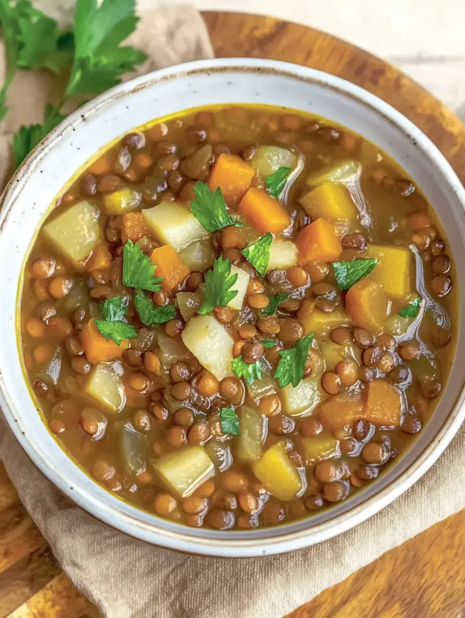 Un bol de soupe aux lentilles garnie de morceaux de légumes et d'herbes fraîches.