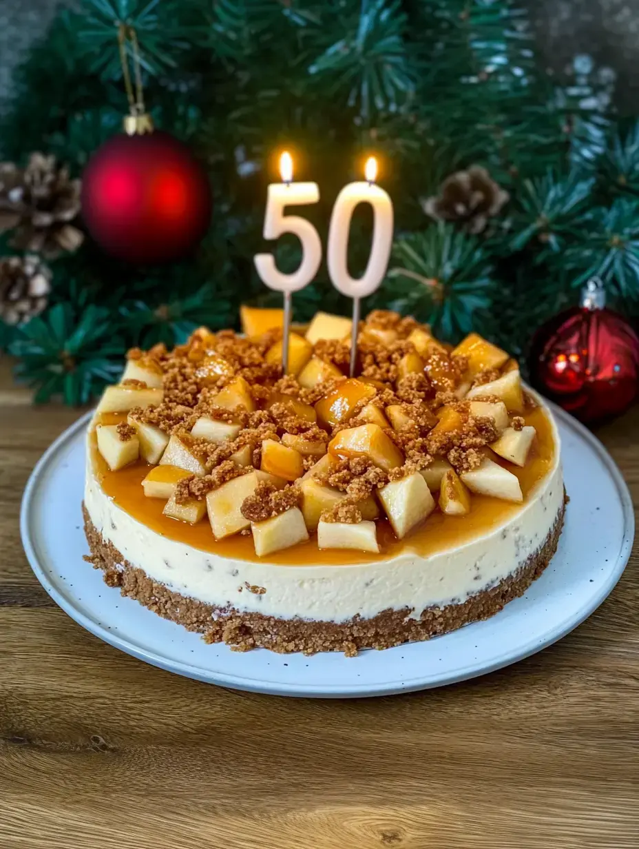 Un cheesecake aux pommes et caramel, décoré d'une bougie "50", présenté sur un fond festif avec décorations de Noël.