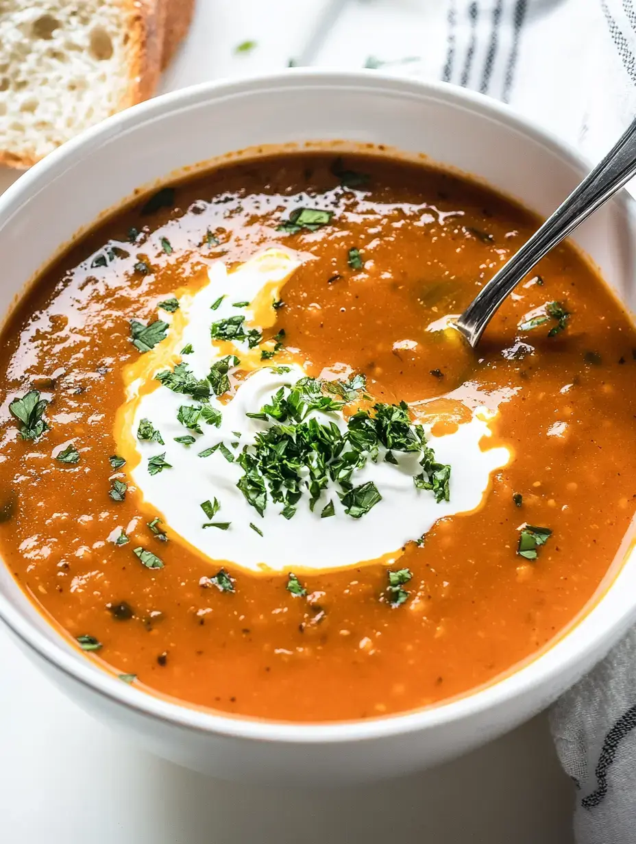 Une Schüssel mit Tomatensuppe, garniert mit einem Klecks Sauerrahm und frischen Kräutern, neben einem Stück Brot.