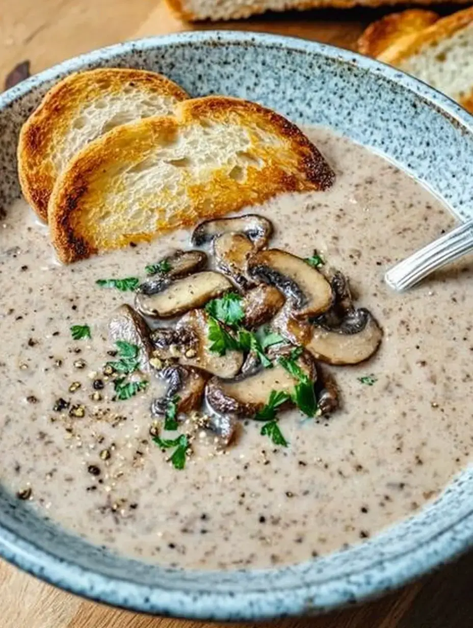 Un bol de soupe crémeuse aux champignons avec des champignons poêlés et du persil frais, accompagné de deux tranches de pain grillé.