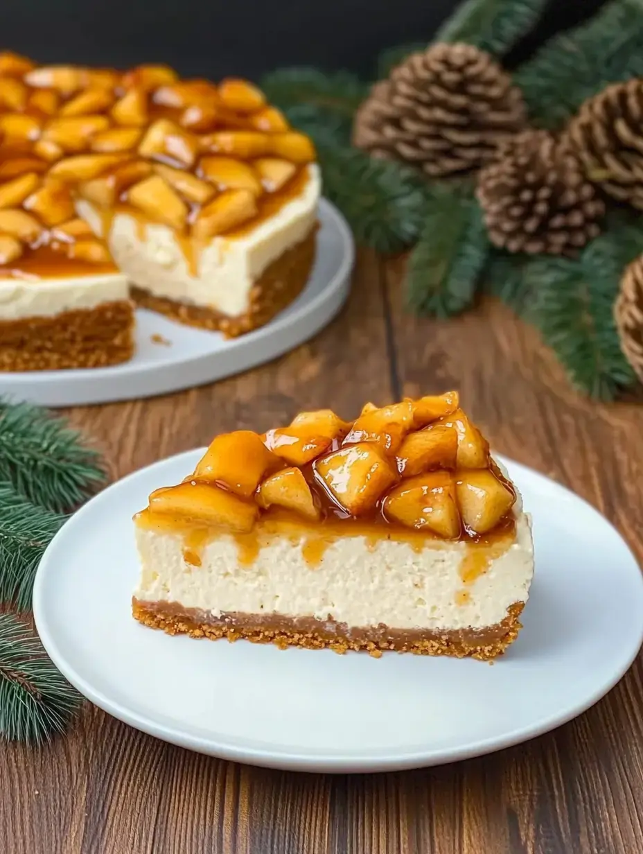 Une part de cheesecake aux pommes caramélisées sur une base de biscuits émiettés, servie sur une assiette blanche.