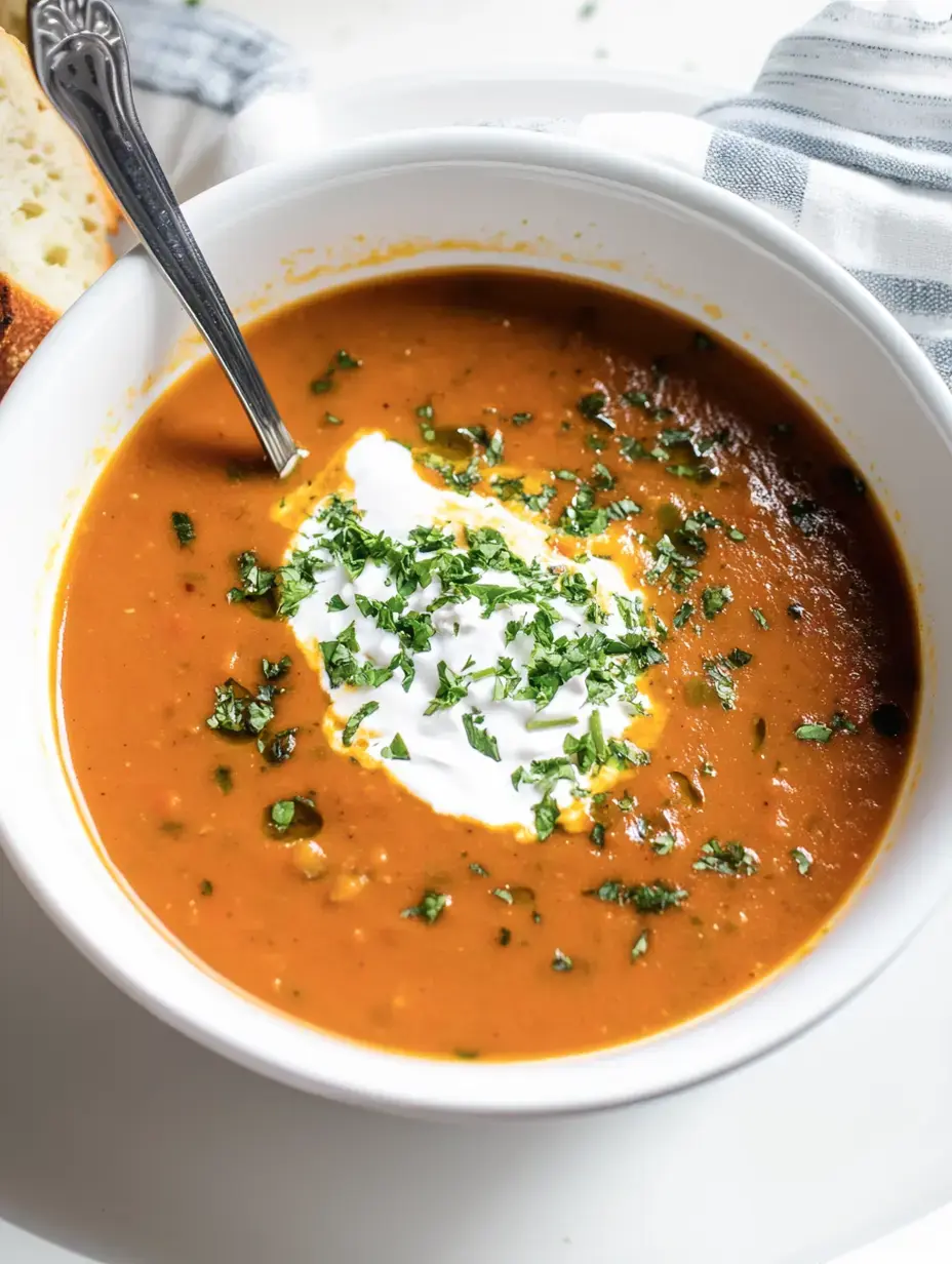 Une Schüssel mit oranger Suppe, garniert mit einem Klecks saurer Sahne und frischem, gehacktem Koriander.