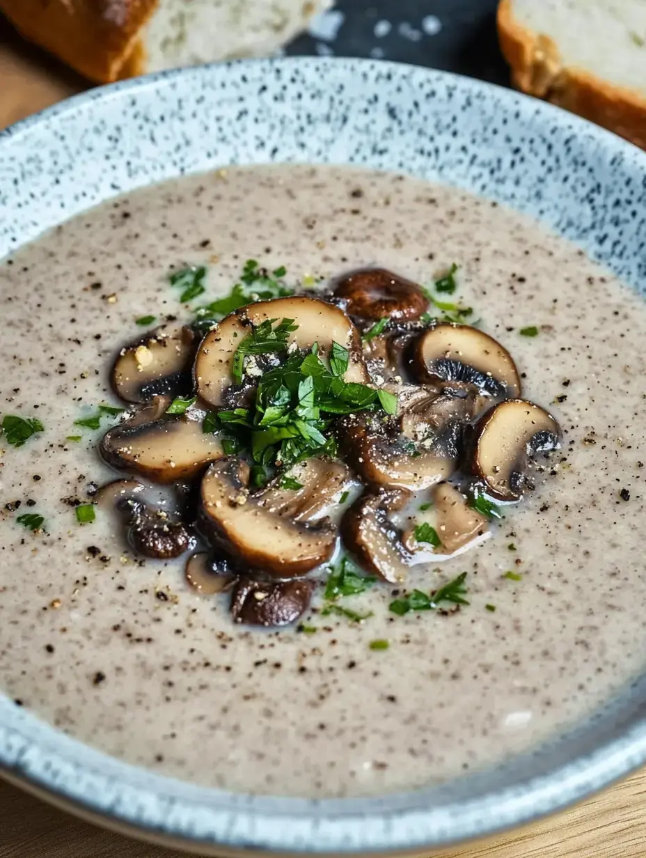 Un bol de soupe crémeuse aux champignons avec des herbes fraîches et des champignons, servi avec une tranche de pain en arrière-plan.