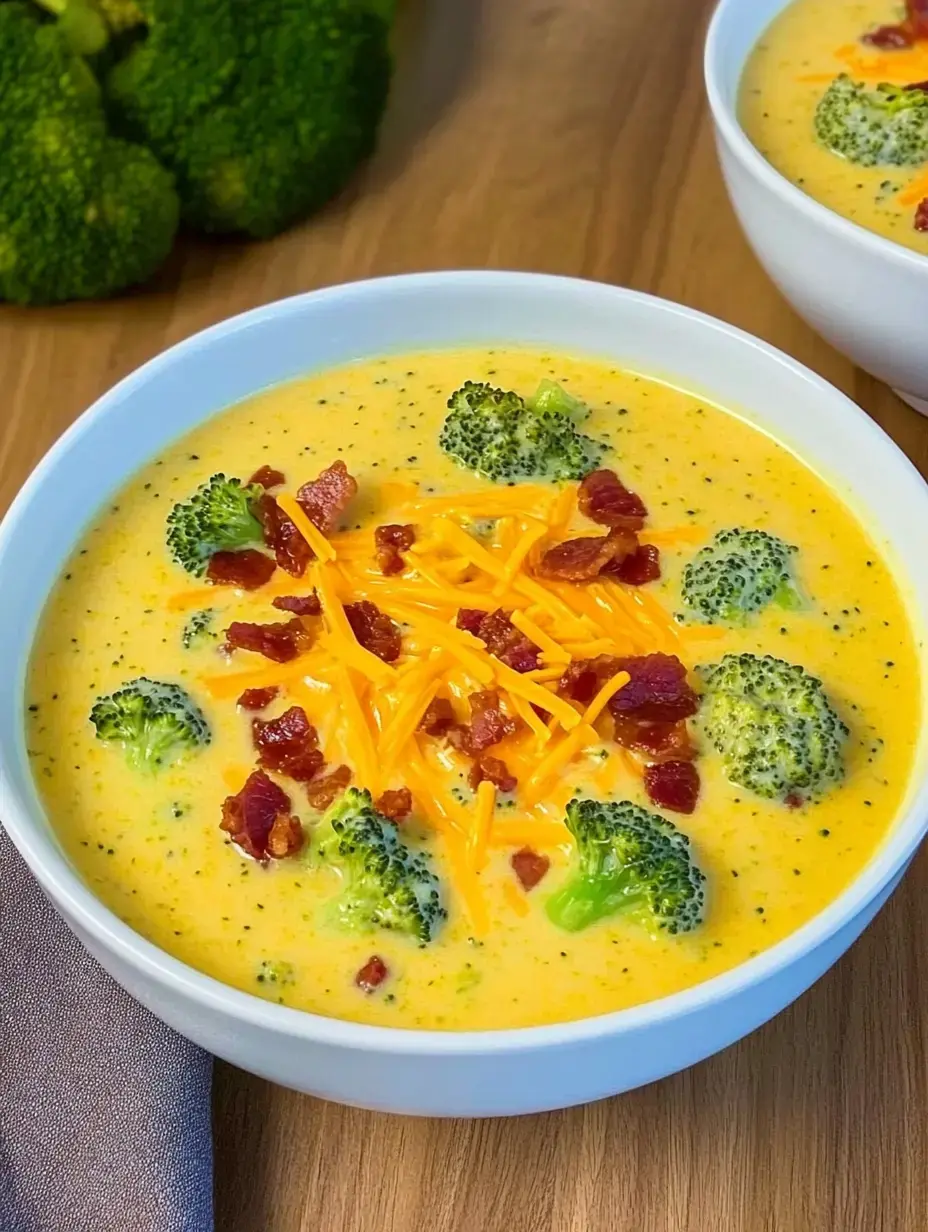 Un bol de soupe crémeuse au brocoli, garnie de fromage cheddar et de morceaux de lardons.