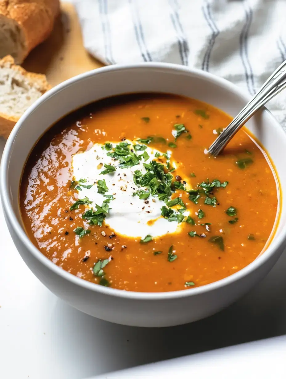 Ein Schüssel mit roter Suppe, garniert mit saurer Sahne und frischem Koriander, neben einer Brotscheibe auf einem Holzbrett.