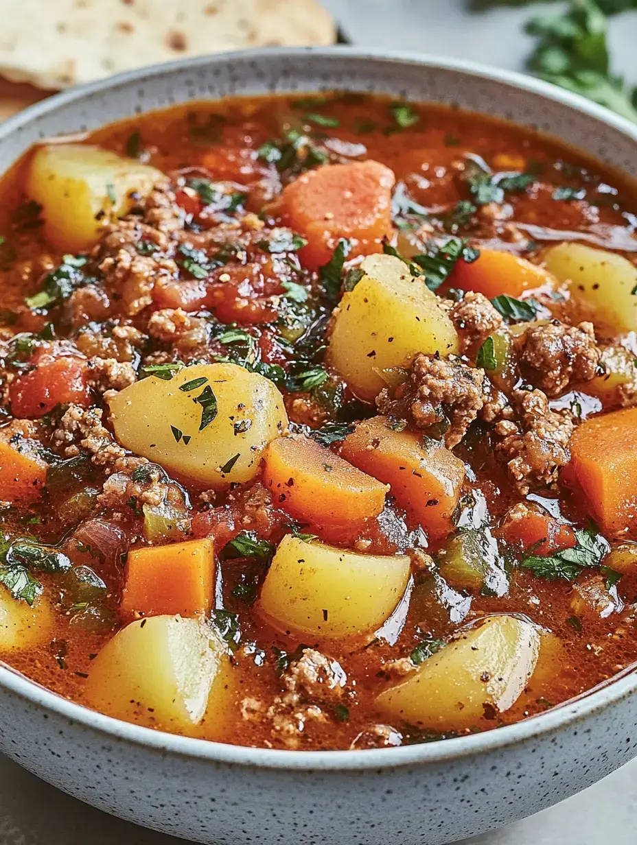 Un bol de ragoût savoureux contenant pommes de terre, carottes, tomates et viande hachée, garni d'herbes fraîches.