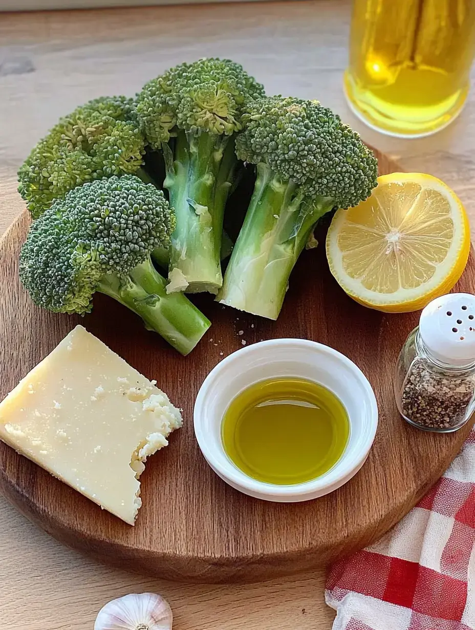 Une planche en bois avec du brocoli, un demi-citron, de l'huile d'olive, du fromage et des épices.