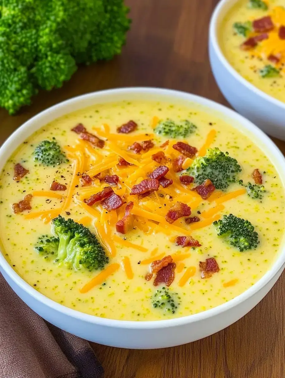 Une soupe crémeuse brocoli-fromage dans un bol blanc, garnie de morceaux de lardons et de fromage cheddar.
