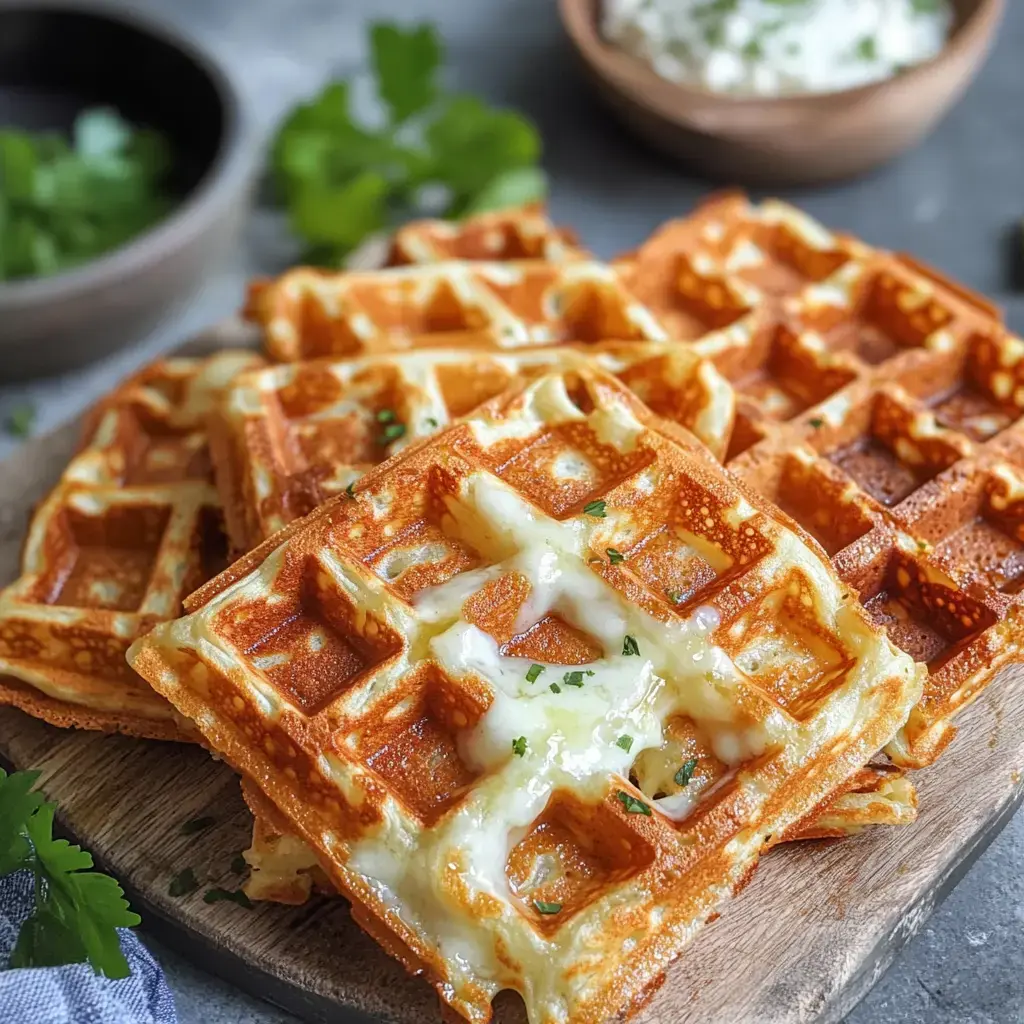 Une assiette de gaufres dorées garnies de fromage fondu et d'herbes fraîches.