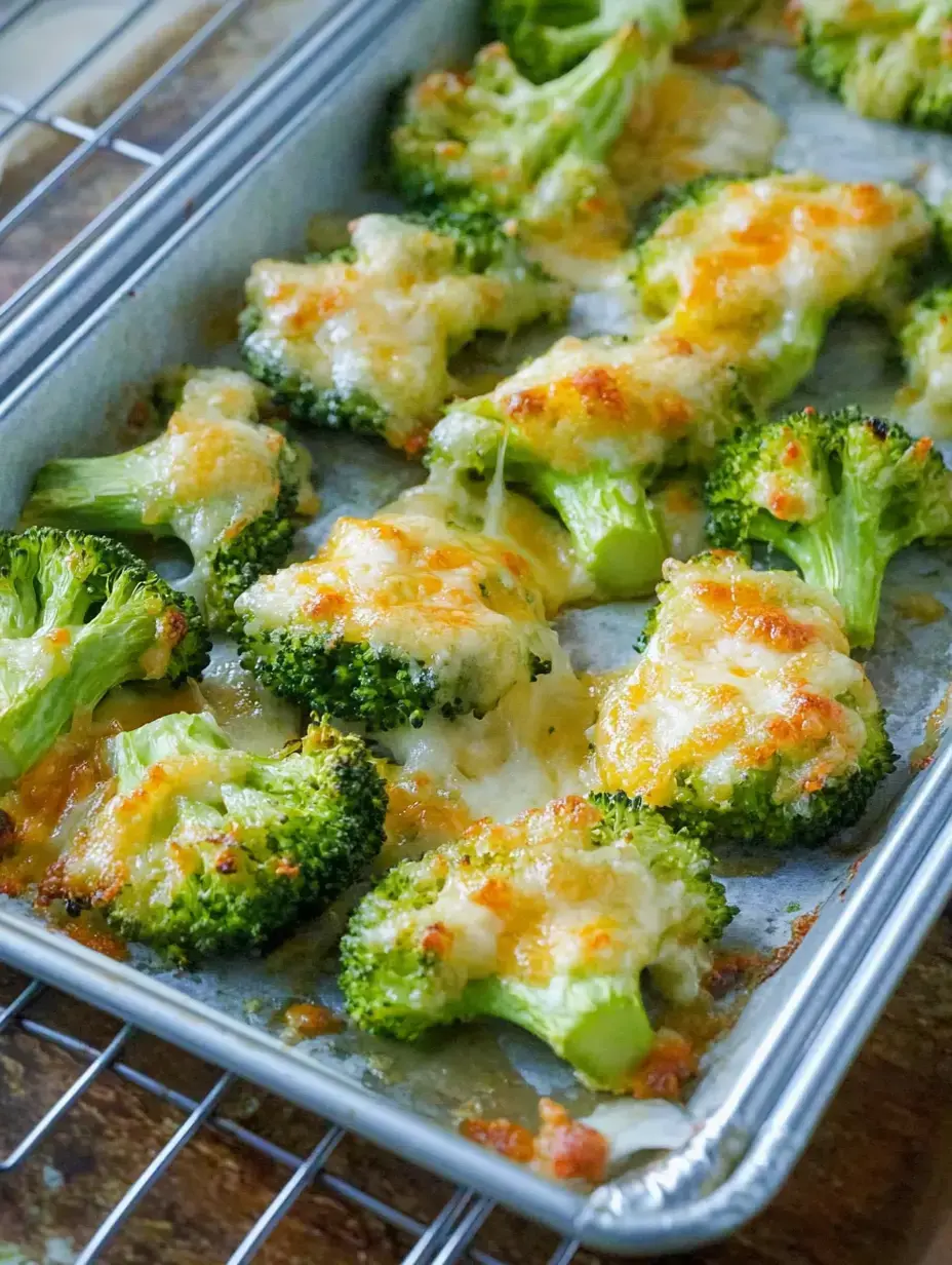 Brocoli rôti recouvert de fromage fondu sur une plaque de cuisson.