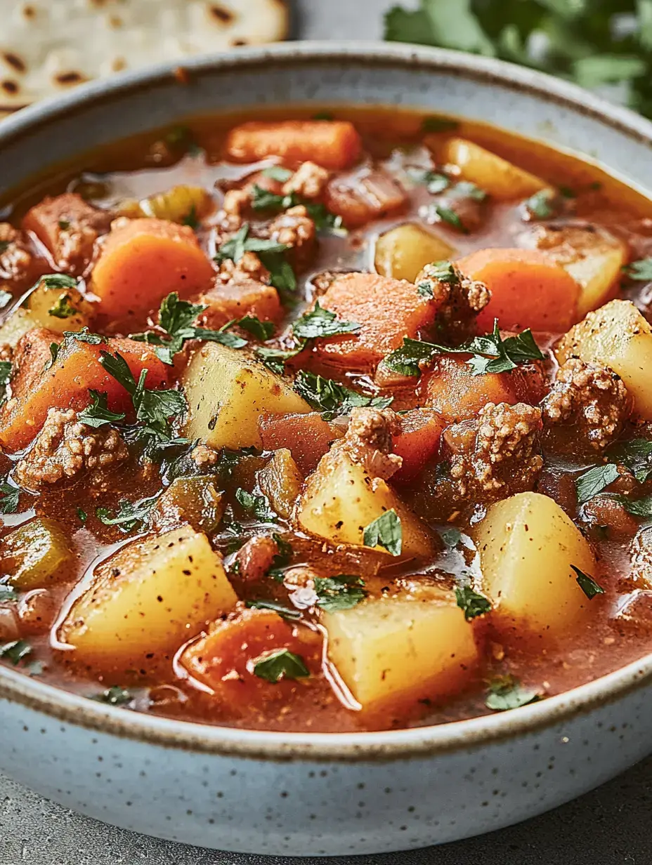 Un bol de ragoût savoureux de pommes de terre, carottes, viande hachée et herbes fraîches.