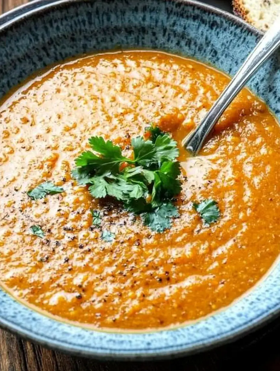 Un bol de soupe orange, garni de coriandre fraîche et une cuillère, sur une table en bois rustique.