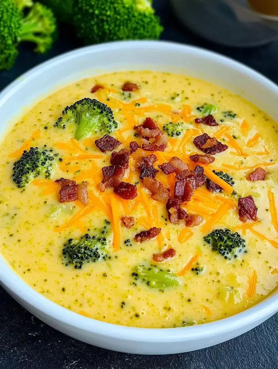 Un bol de soupe crémeuse au brocoli, garnie de cheddar râpé et de lardons croustillants.