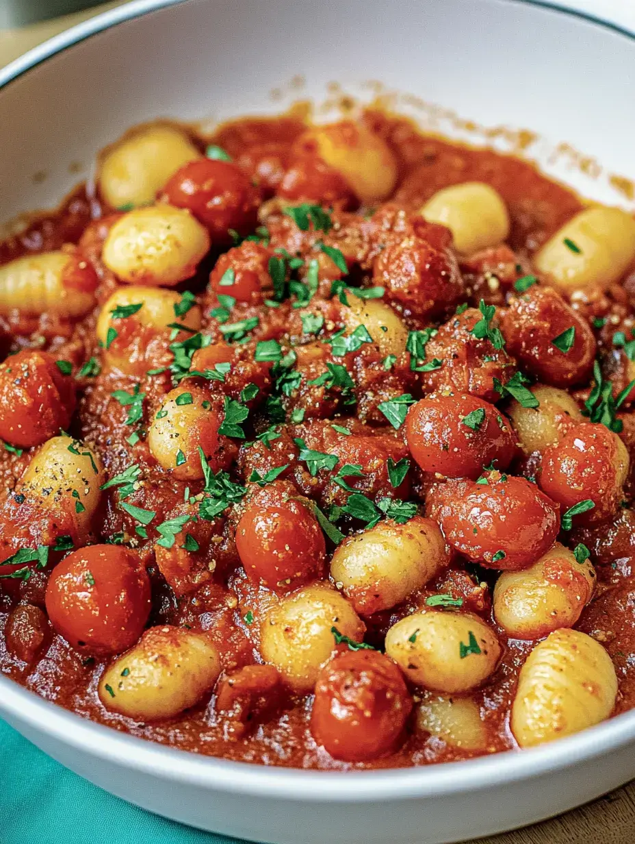 Un bol de gnocchis à la sauce tomate, garni de persil frais.