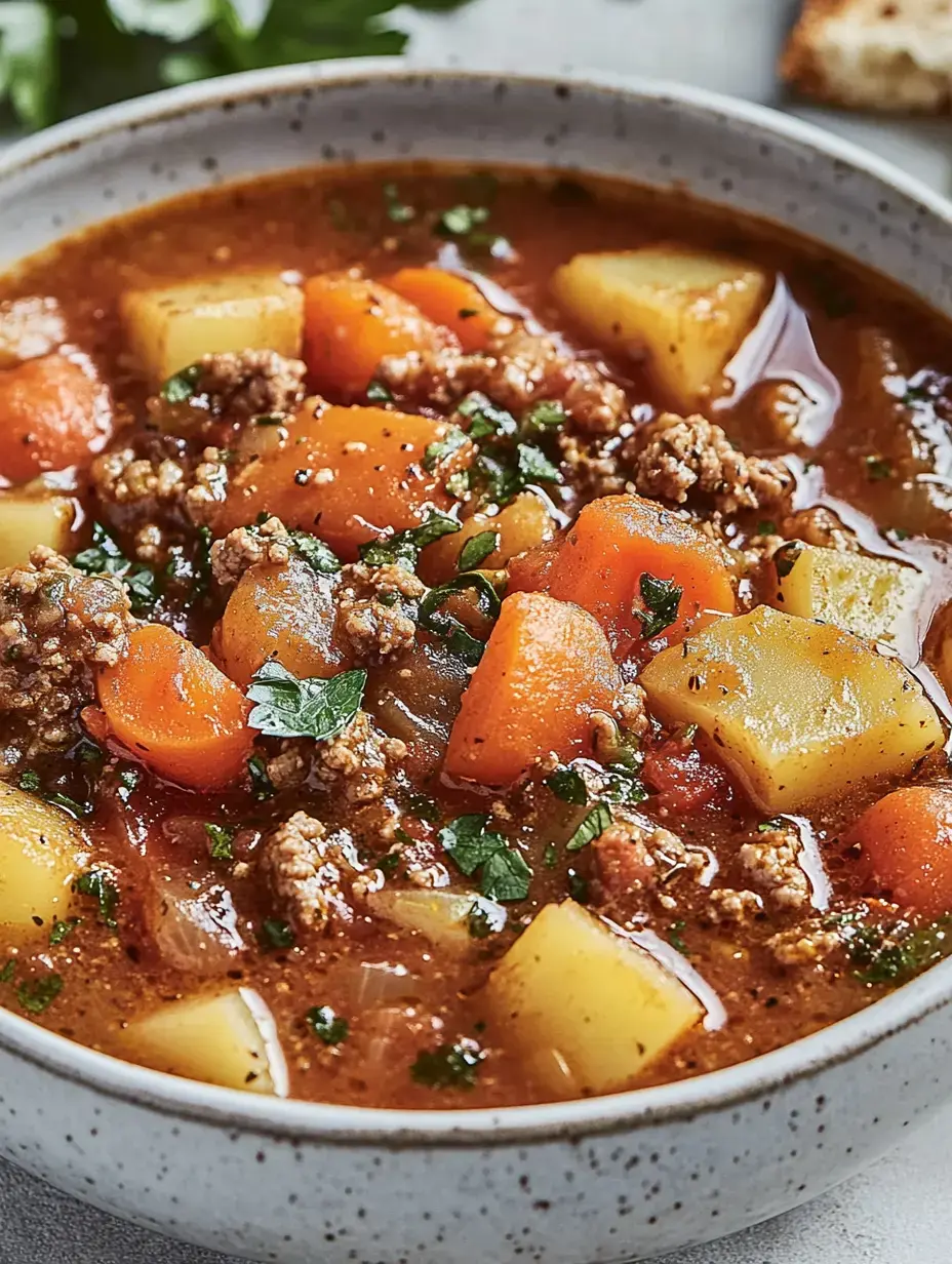 Un bol de ragoût savoureux de viande hachée, pommes de terre, carottes et herbes fraîches.
