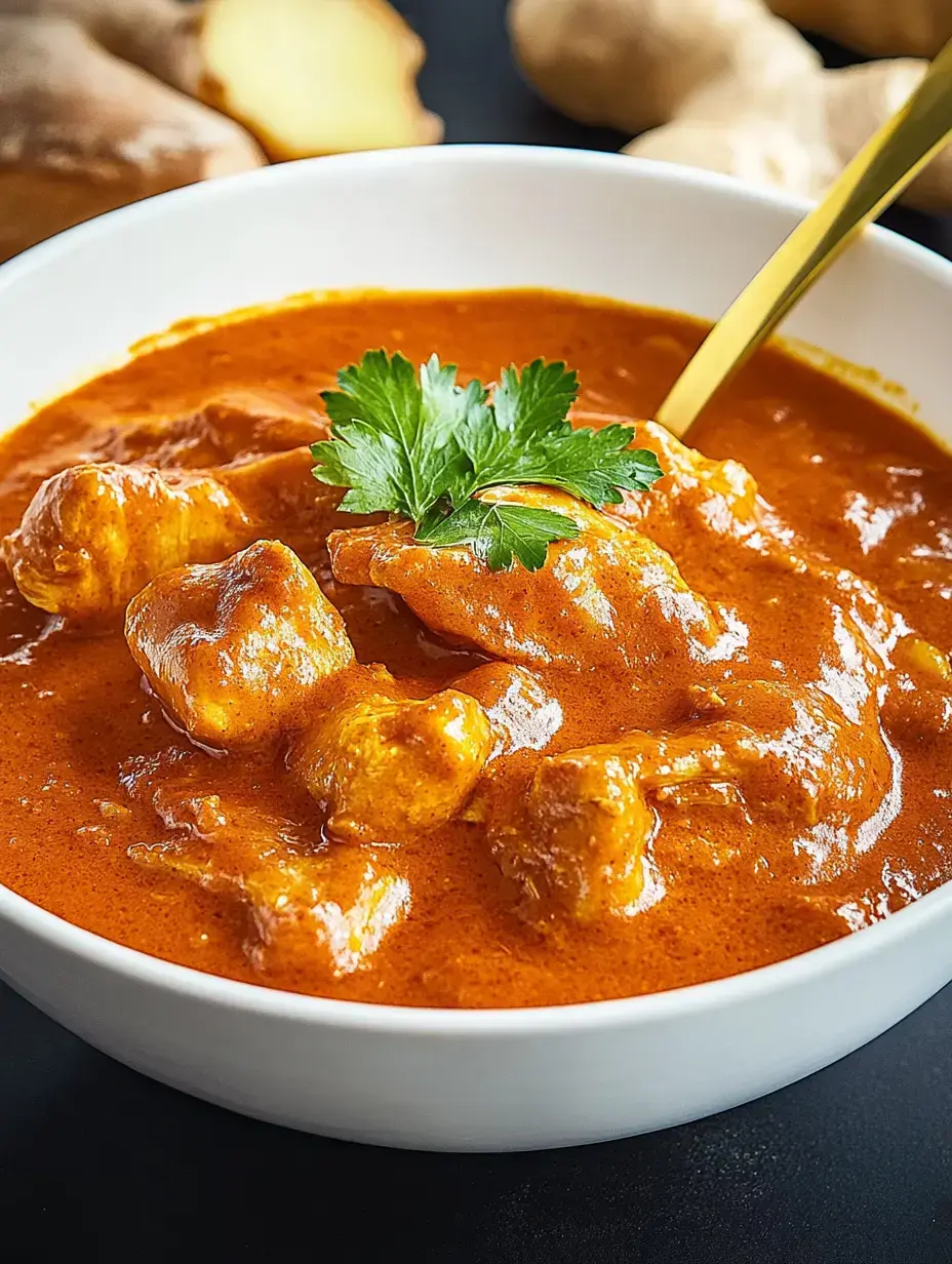 Un petit bol blanc contenant un curry épicé, garni de coriandre fraîche et de morceaux de viande.