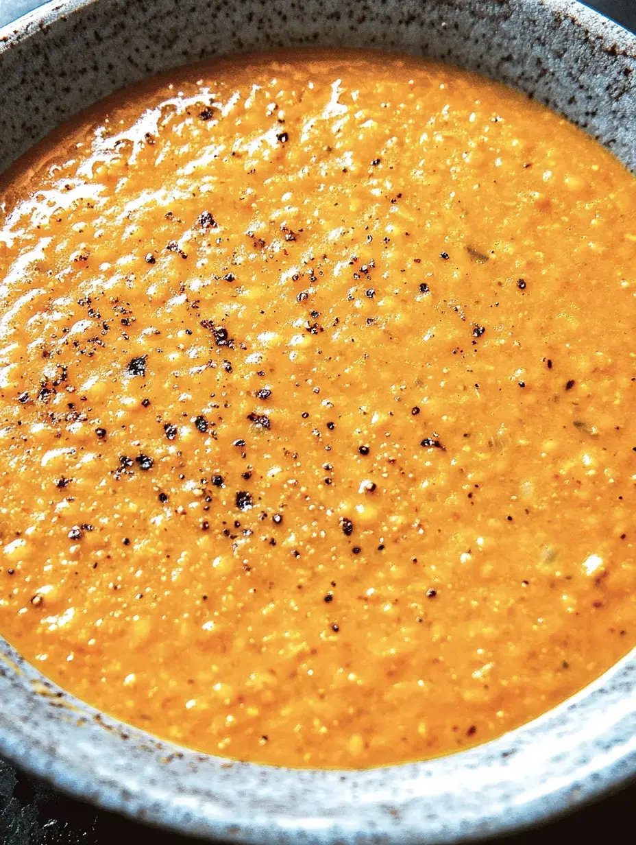 Un bol de soupe orange lisse, décorée de taches de poivre noir.