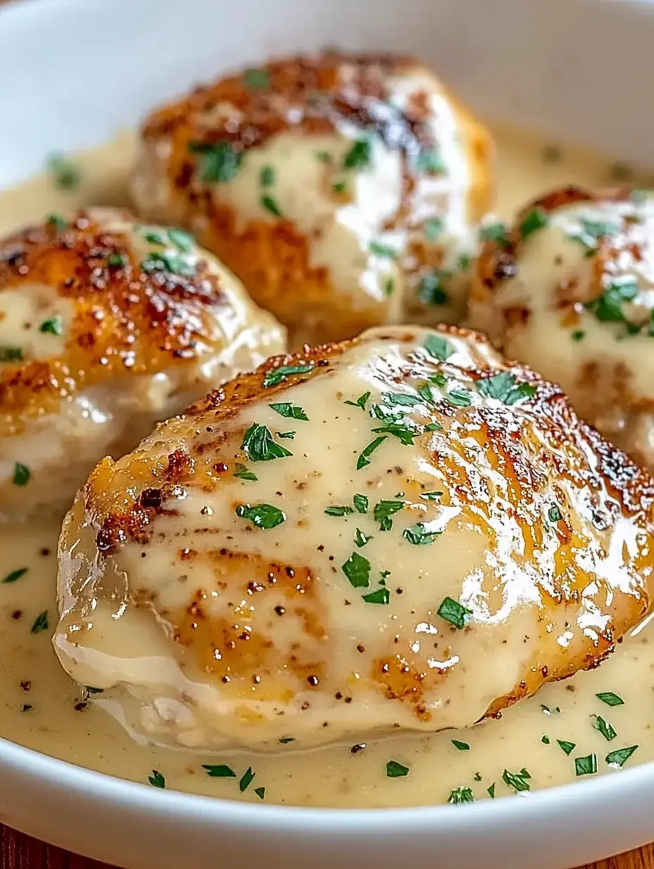 Une assiette avec des filets de poulet dorés, recouverts d'une sauce crémeuse et garnis de persil frais.