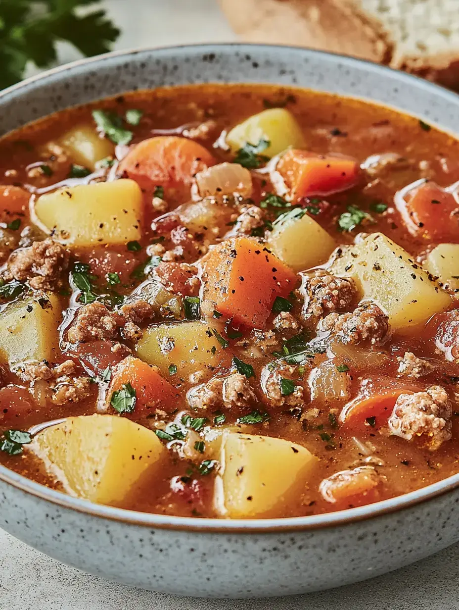 Un bol de ragoût savoureux, rempli de pommes de terre, carottes, oignons et viande hachée, garni d'herbes fraîches.