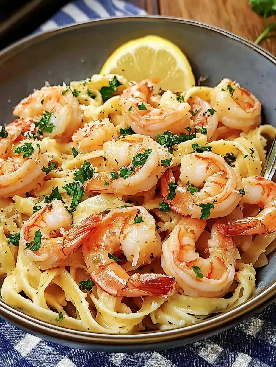 Une assiette de fettuccine, garnie de crevettes et de persil frais, servie avec une tranche de citron.