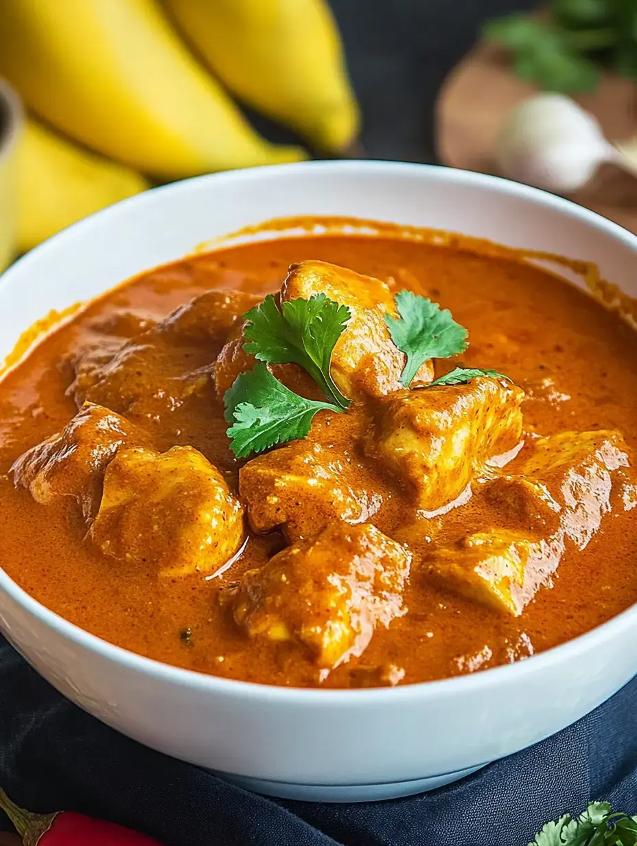 Un bol de curry crémeux garni de coriandre fraîche, sur un fond avec des bananes.