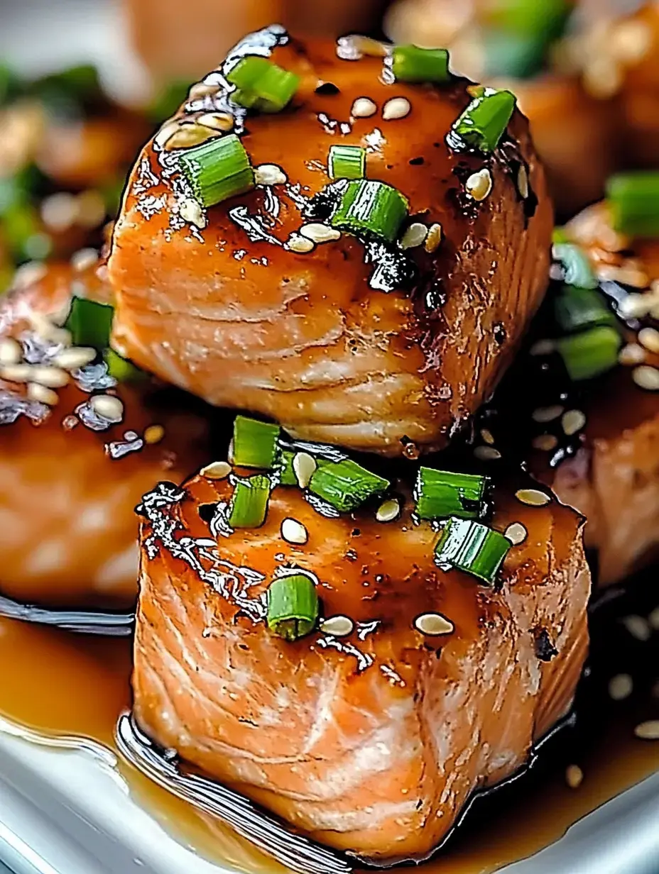 Une assiette de cubes de saumon juteux, garnis d'oignons verts et de graines de sésame dans une sauce savoureuse.