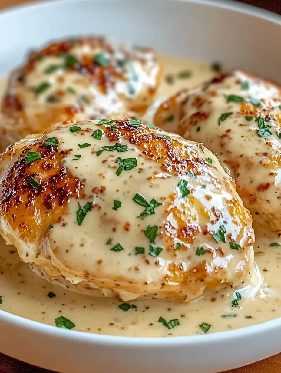 Une assiette avec des morceaux de poulet sautés dans une sauce crémeuse, garnie d'herbes fraîches.