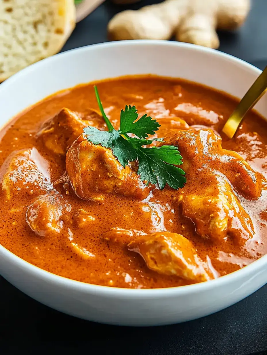 Un bol de poulet juteux dans une sauce rouge crémeuse, garni de coriandre fraîche.