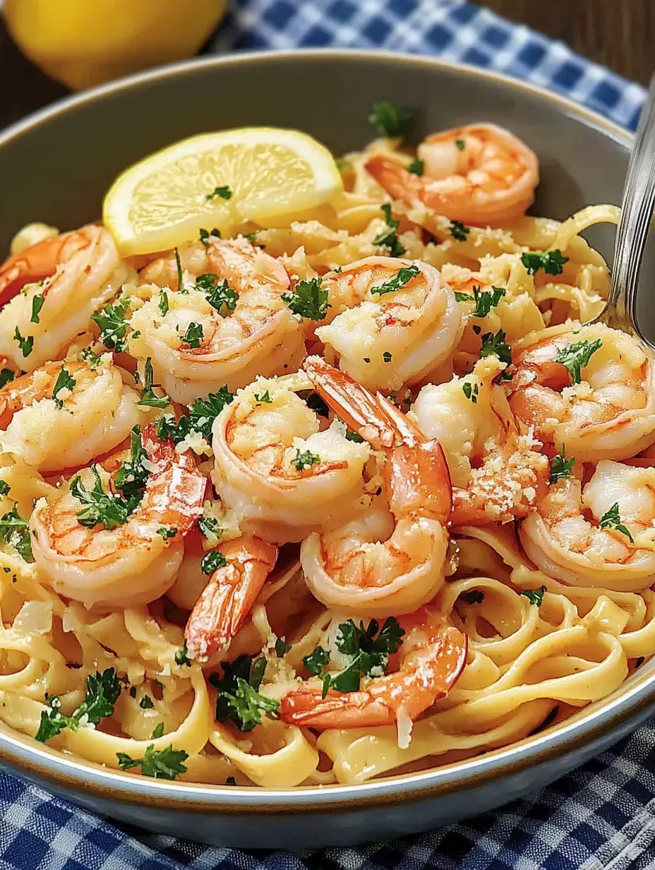 Un bol de linguine aux crevettes, garni d'une tranche de citron et de persil frais.