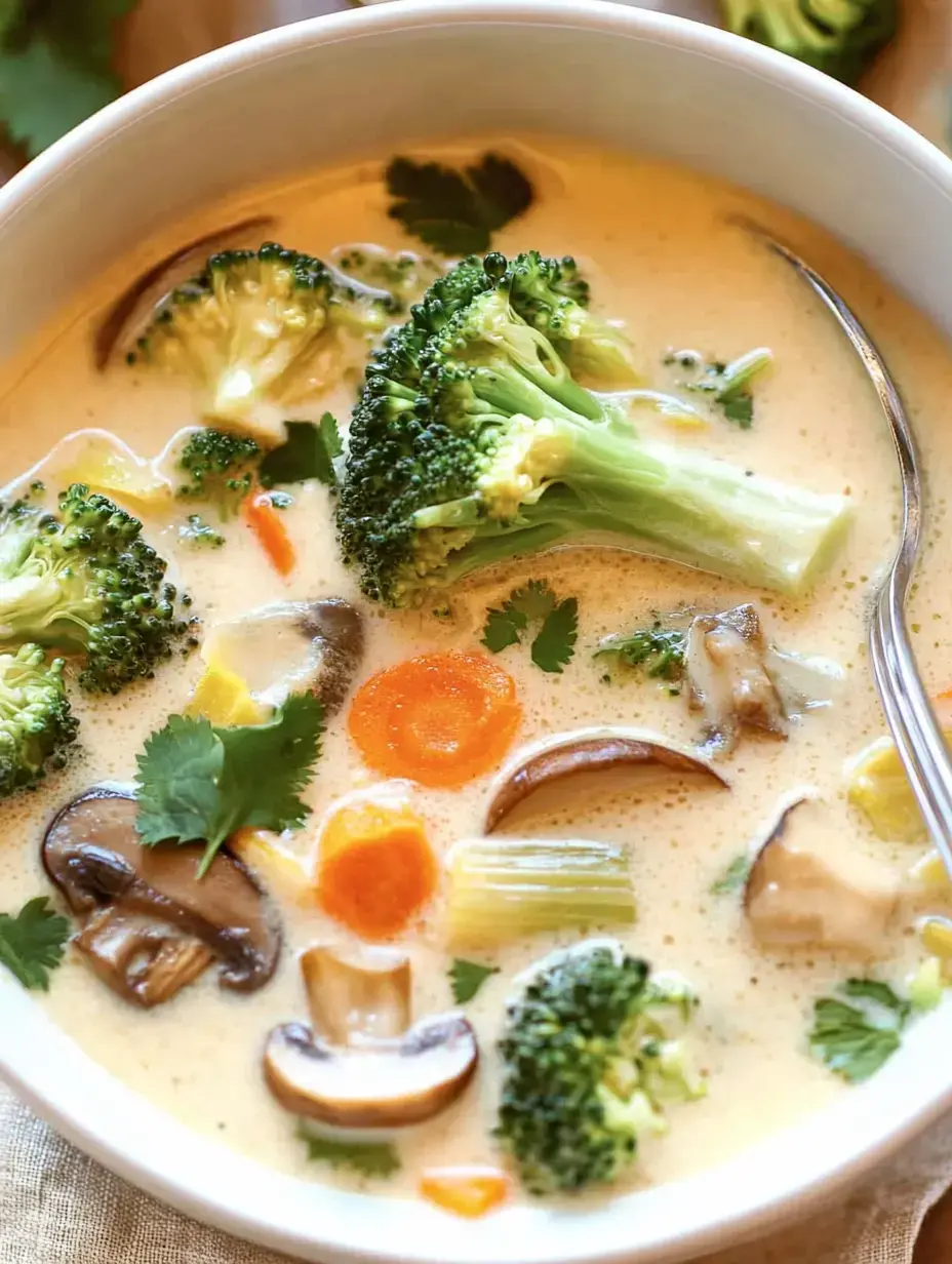 Un bol de soupe crémeuse aux légumes contenant du brocoli, carottes, champignons et coriandre.