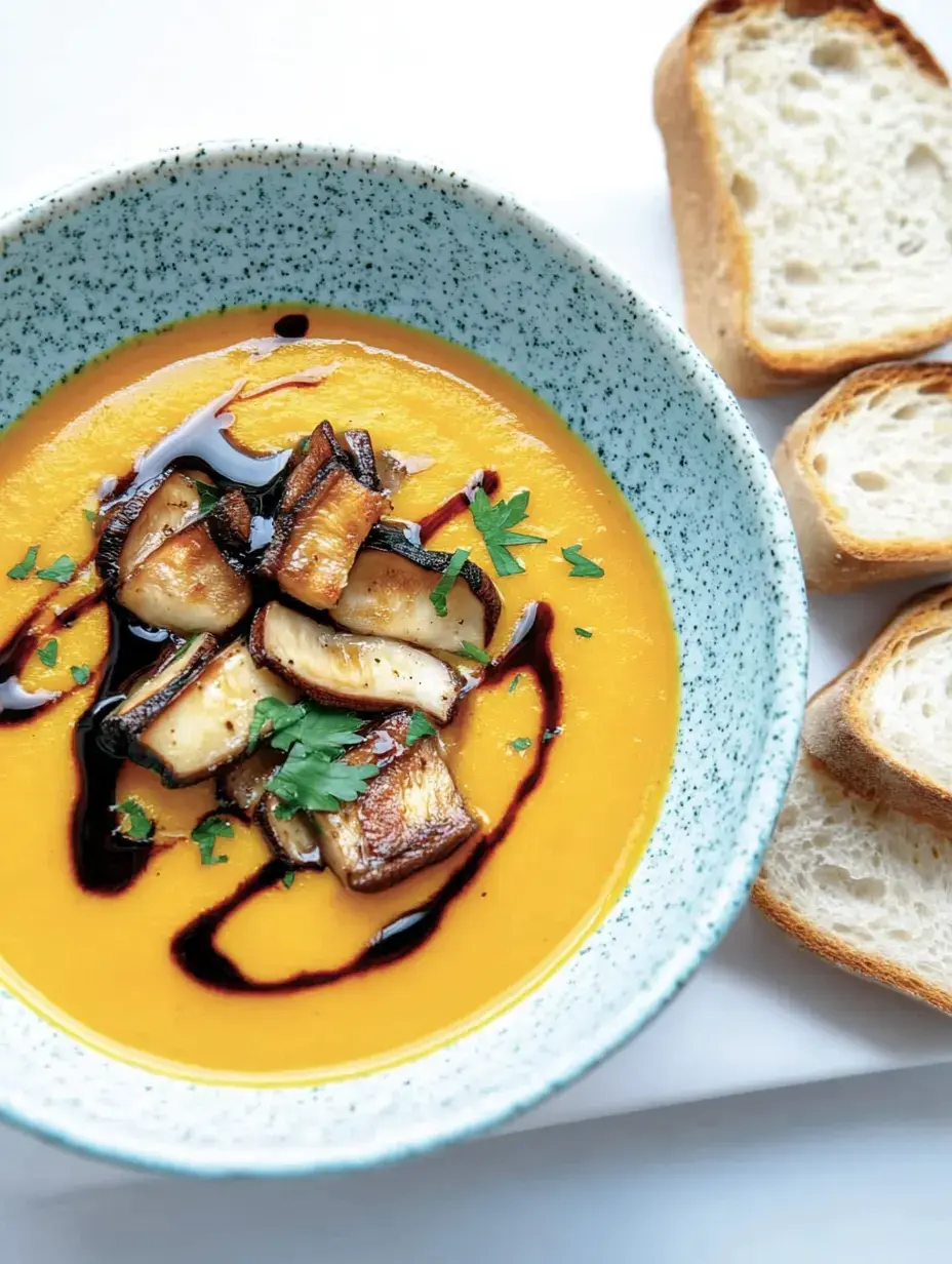 Un bol de soupe de potiron, garni de champignons sautés et de persil frais, à côté de quelques tranches de pain.