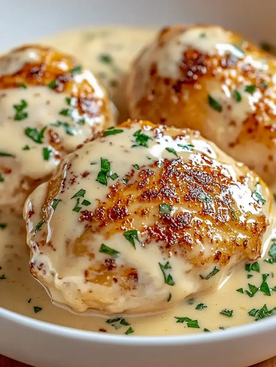 Deux morceaux de viande croustillants dans une sauce crémeuse, garnis de persil frais.