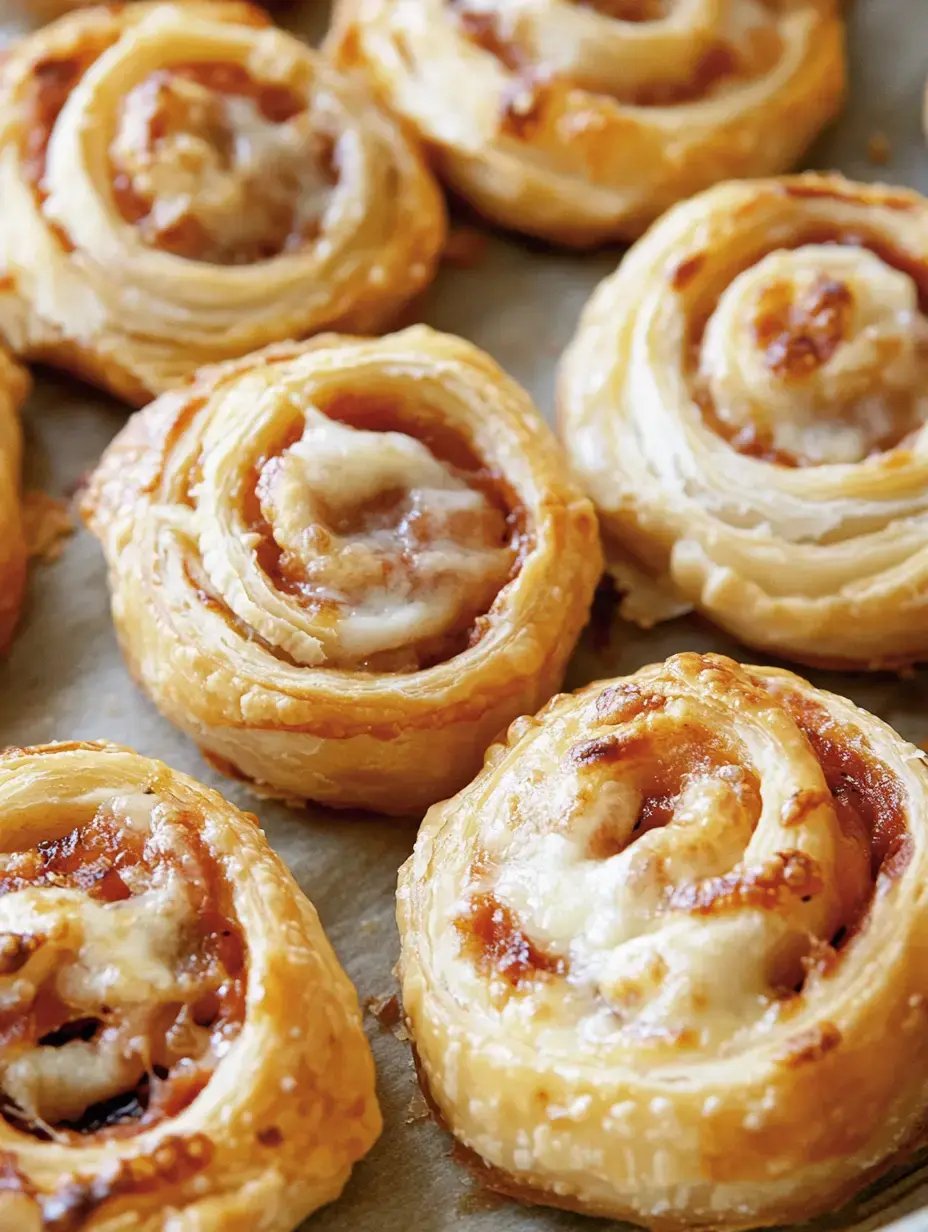 Un gros plan de pâtisseries feuilletées fraîchement cuites en forme de spirale, garnies de fromage et sauce tomate.