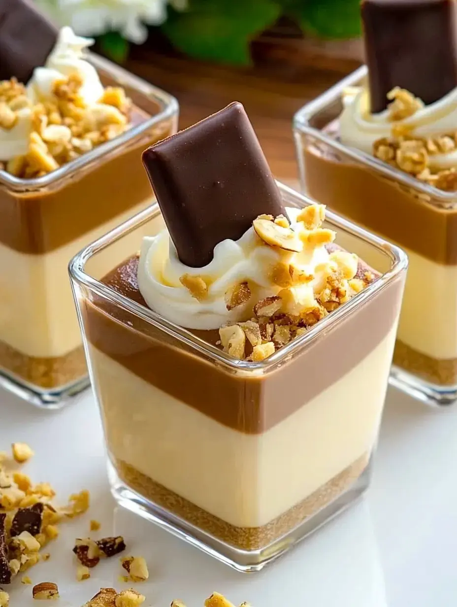 Un dessert dans un verre avec des couches de crème vanille, crème chocolat, chantilly, noisettes hachées et un morceau de chocolat sur le dessus.