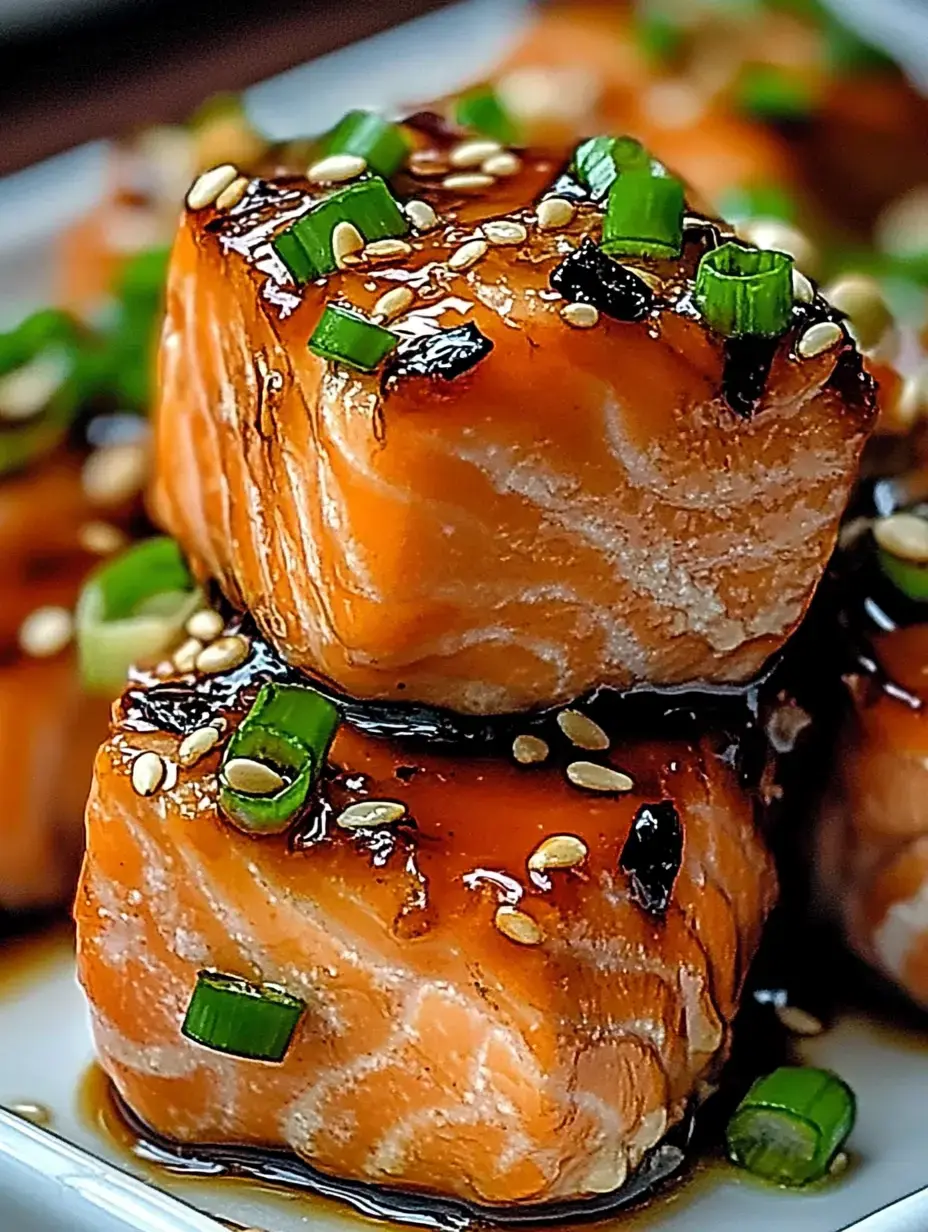 Une assiette de cubes de saumon grillés, garnis d'oignons verts et de graines de sésame.