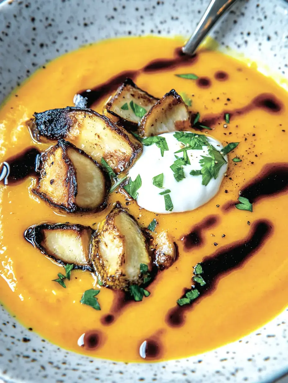 Un bol de soupe de potiron crémeuse, garnie de morceaux poêlés, d'une touche de crème fraîche et d'herbes fraîches.
