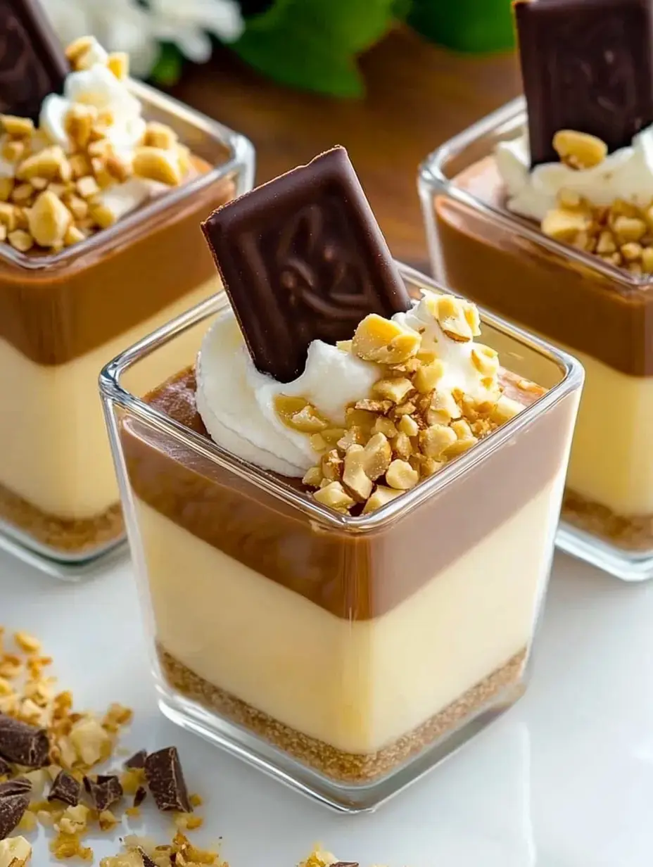 Trois verres à dessert avec des couches de crème, une touche de chantilly, des noisettes hachées et un chocolat sur le dessus.