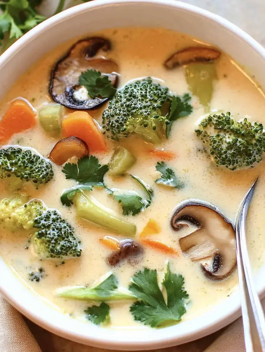 Une soupe crémeuse aux légumes avec brocoli, carottes, céleri et champignons, garnie de coriandre.