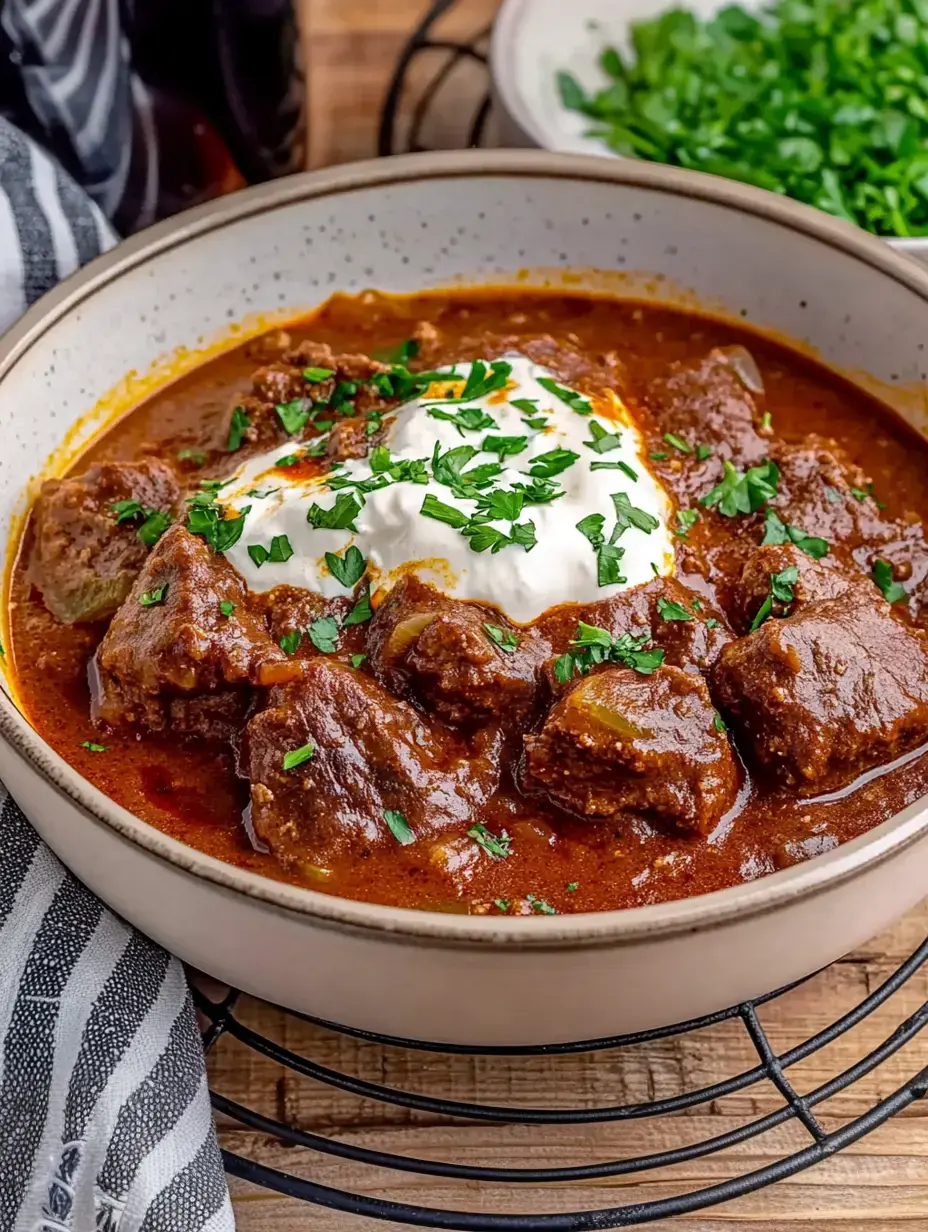 Une assiette de ragoût de viande savoureux, garni de crème aigre et de ciboulette fraîche, posée sur une table en bois.