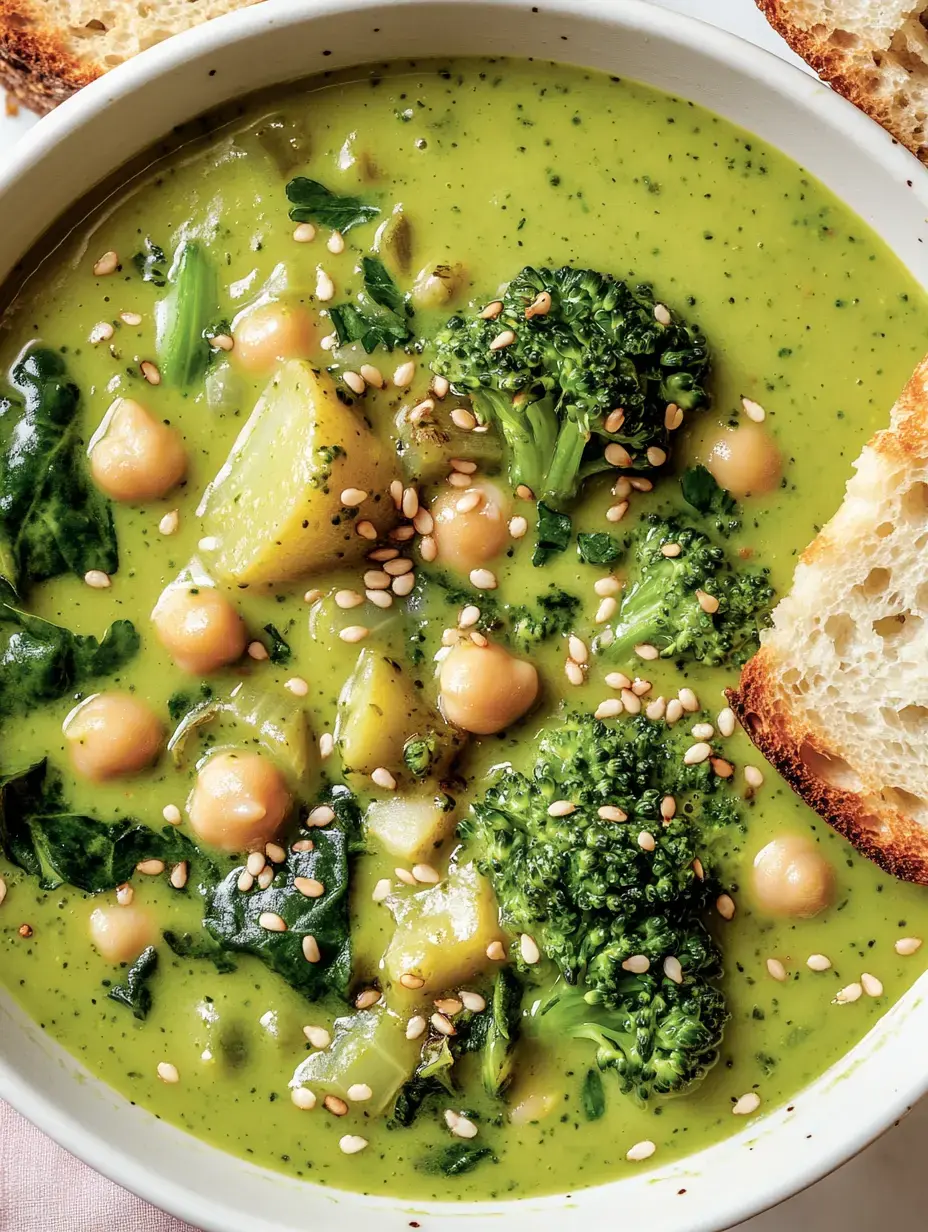 Un bol de soupe verte contenant brocoli, pois chiches, légumes verts et graines de sésame grillées, accompagné d'une tranche de pain grillé.