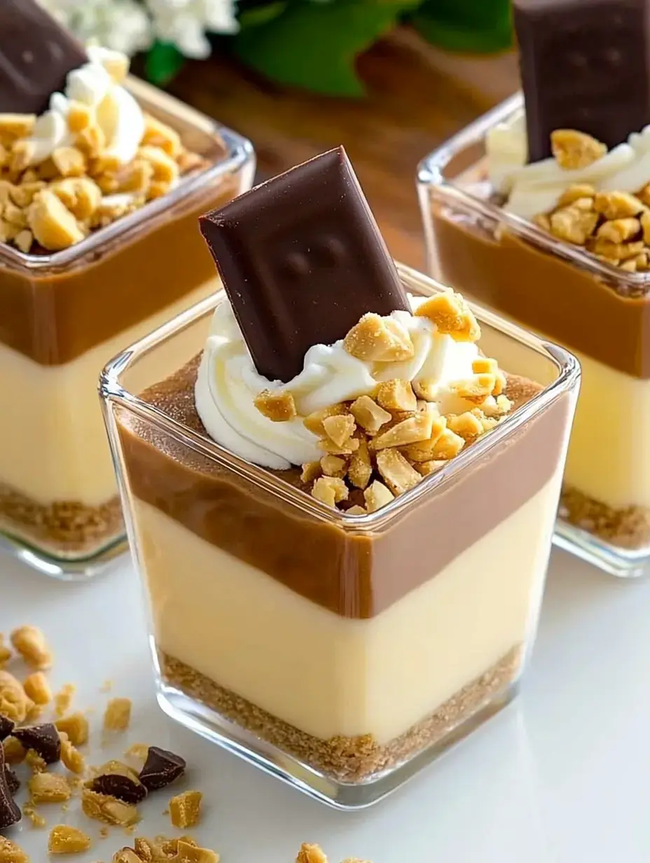Trois coupes à dessert en verre avec une couche de crème, de la chantilly et une tablette de chocolat, garnies de cacahuètes hachées.