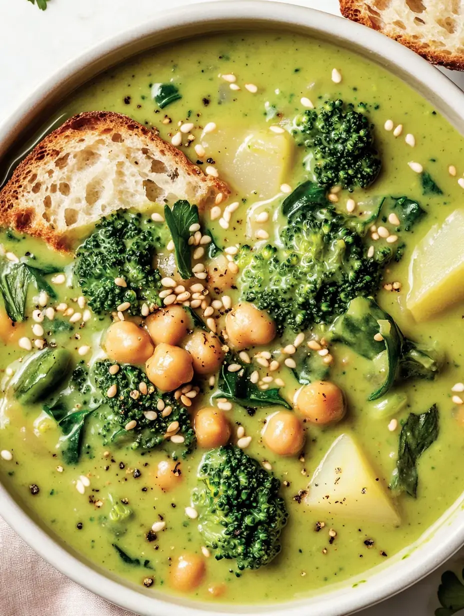 Un bol de soupe verte aux légumes et pois chiches, garni de sésame et accompagné d'une tranche de pain.