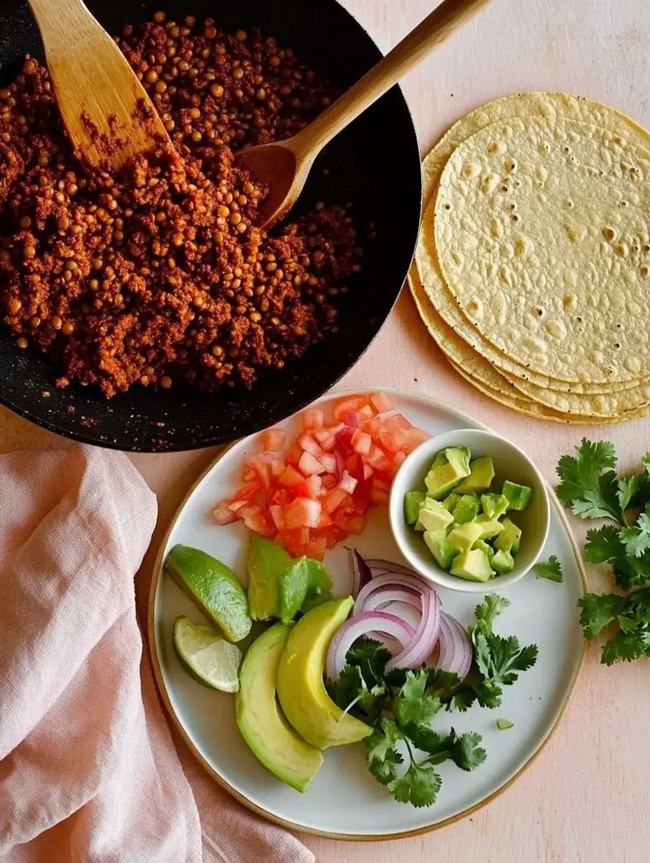 Une poêle contenant une garniture brunâtre aux lentilles posée à côté d'une assiette avec des légumes frais, citrons verts, avocat et tortillas.