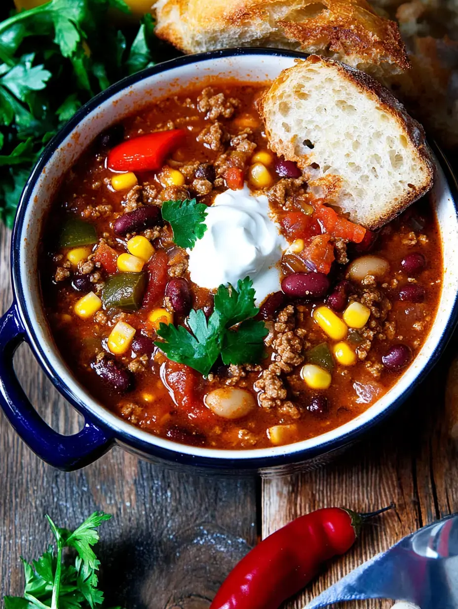 Un bol de chili con carne savoureux, garni de crème aigre et de coriandre fraîche, accompagné de pain et d'herbes fraîches.