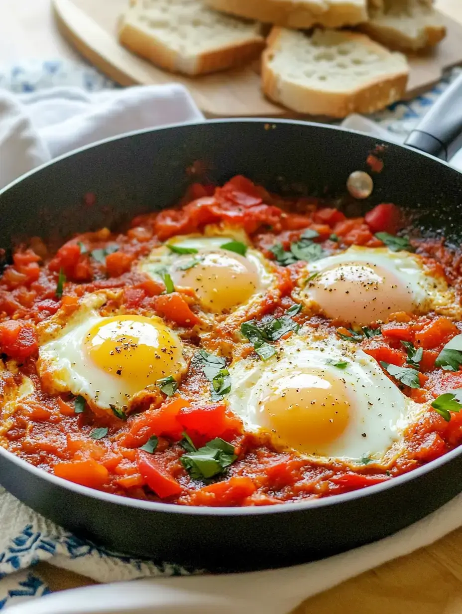 Dans une poêle, trois œufs cuisent sur un mélange de tomates et poivrons, entourés d'herbes fraîches avec du pain en arrière-plan.