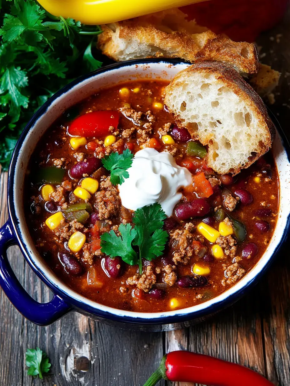 Un bol de chili avec viande hachée, haricots, maïs et poivrons, garni de crème aigre et coriandre fraîche, à côté d'une tranche de pain et d'un piment rouge.
