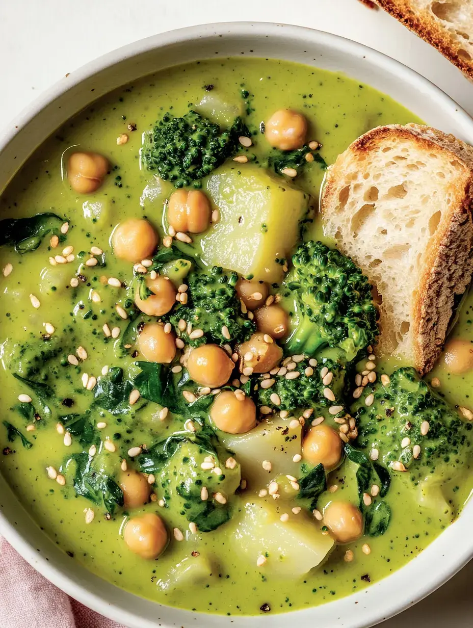 Un bol de soupe verte avec brocoli, pois chiches et sésame, accompagné d'une tranche de pain.
