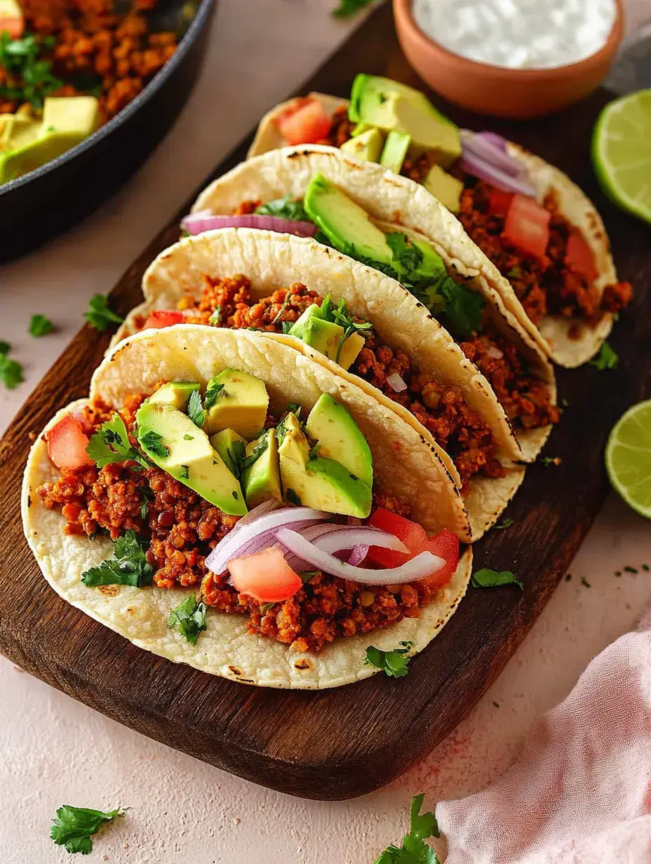 Trois tacos garnis sur une planche en bois, remplis de viande hachée épicée, avocat, tomates, oignons et coriandre fraîche.
