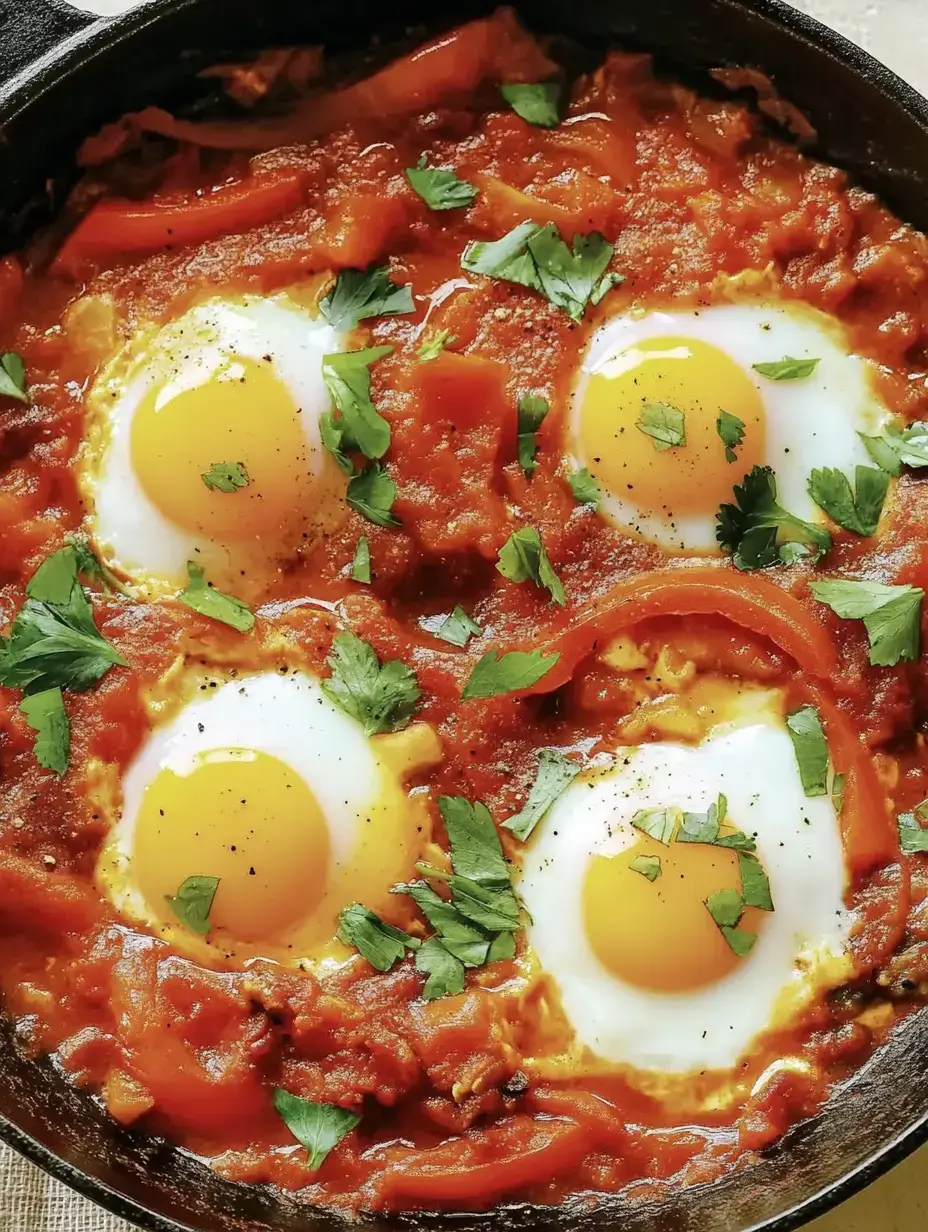 Une poêle avec quatre œufs dans une sauce tomate épicée, garnie de coriandre fraîche et de poivron.